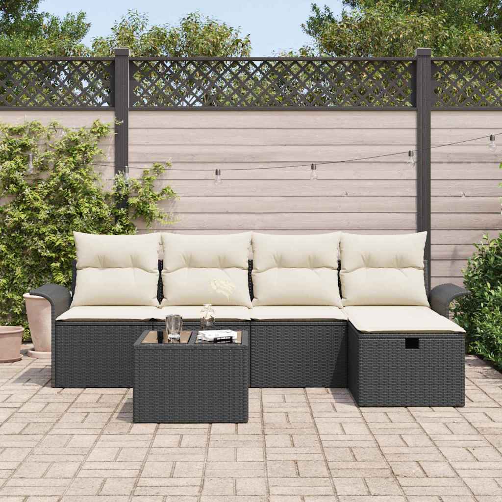 Set di divano da giardino a 6 pezzi  con cuscini neri in rattan sintetico. 3360198