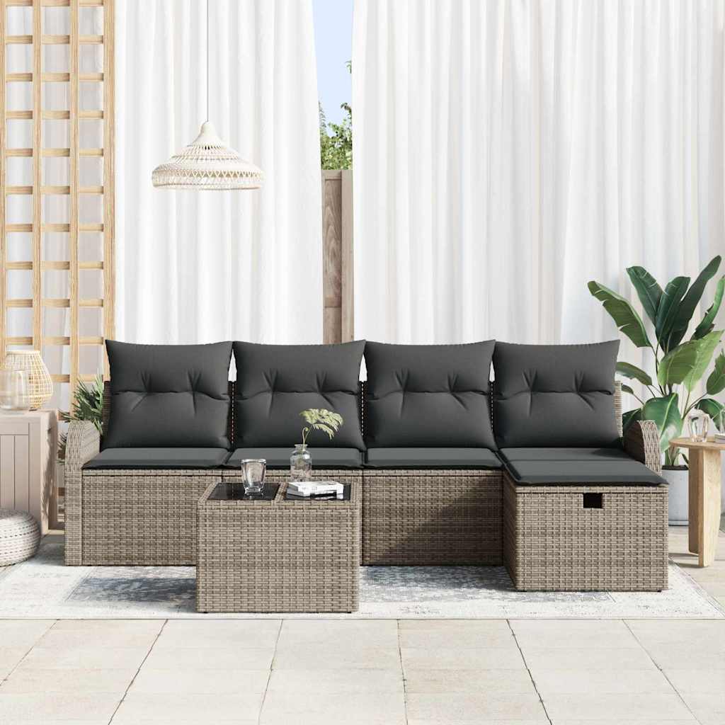 Set da giardino  con divano a 6 pezzi e cuscini grigi in polirattan 3360400