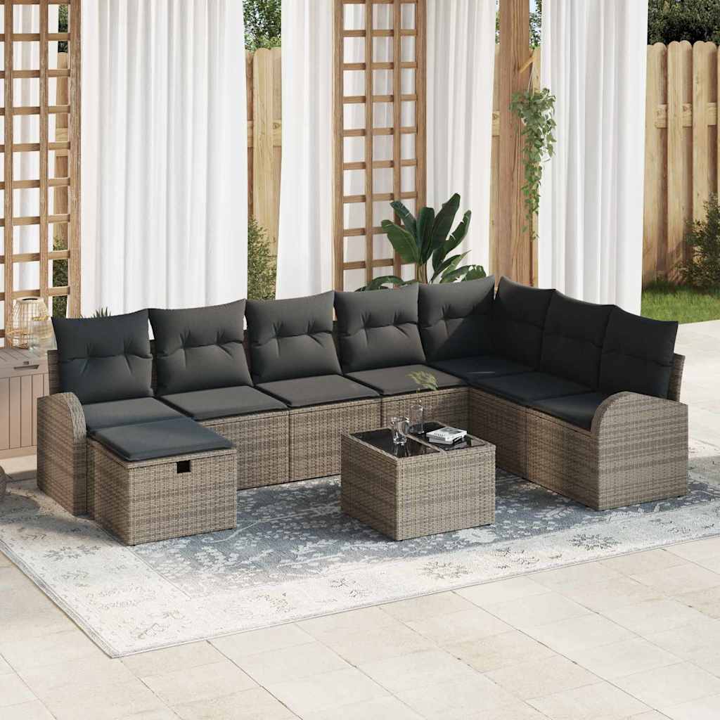 vidaXL Set Divano da Giardino con cuscino 9 pcs Grigio Poly Rattan