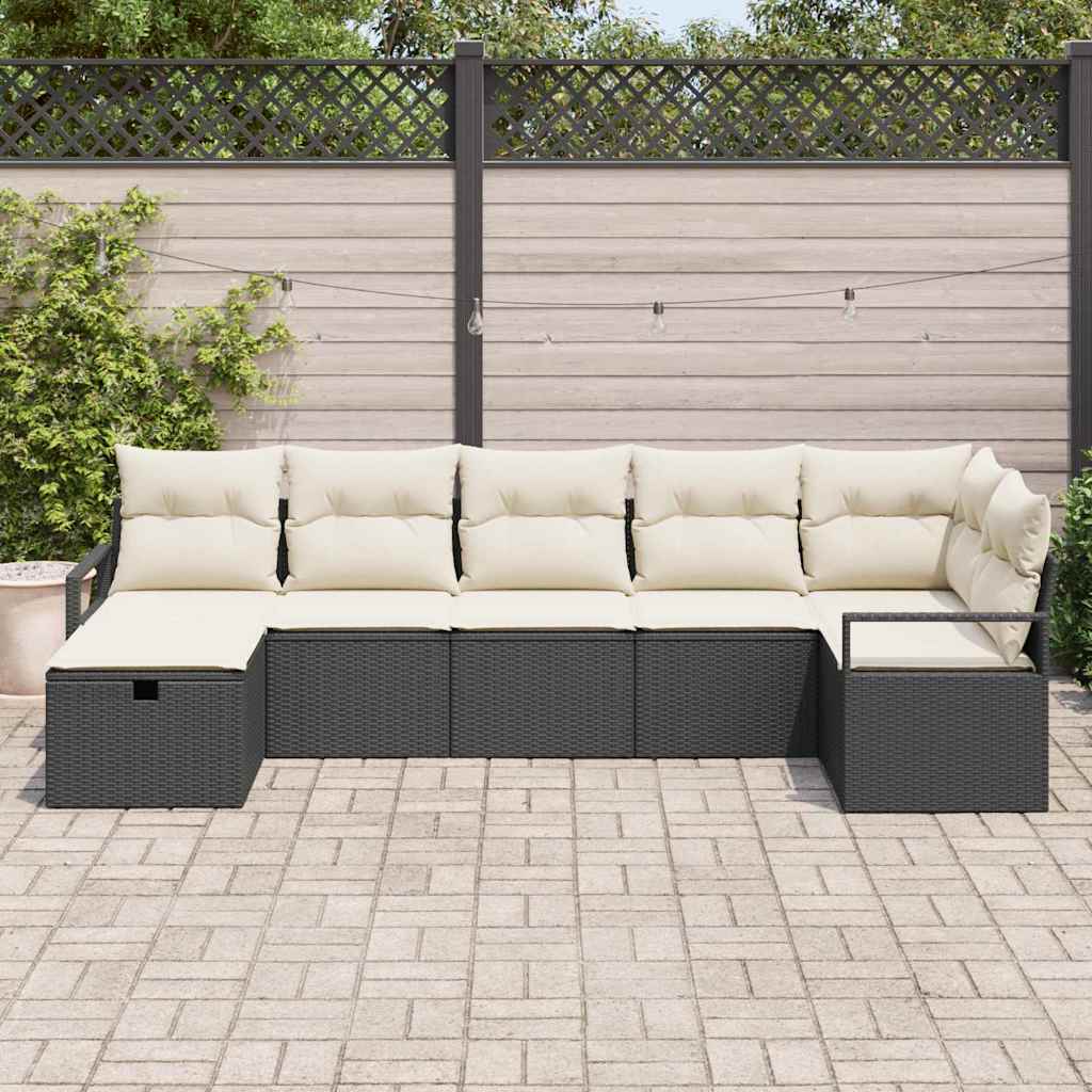 Set giardino  7 pezzi con cuscini in polyrattan nero 3360528