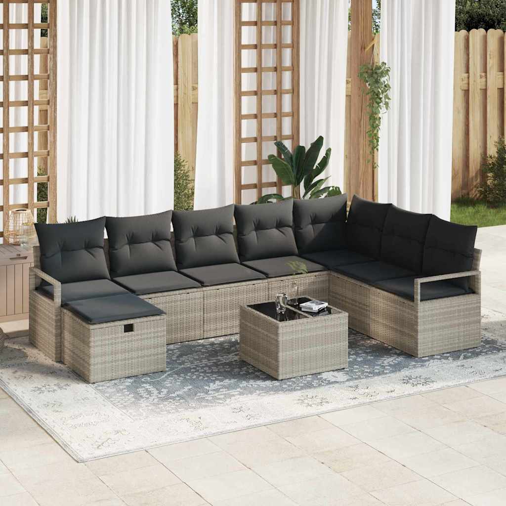 Set da Giardino di 9 Pezzi con Cuscini Grigi in Polyrattan 3360573