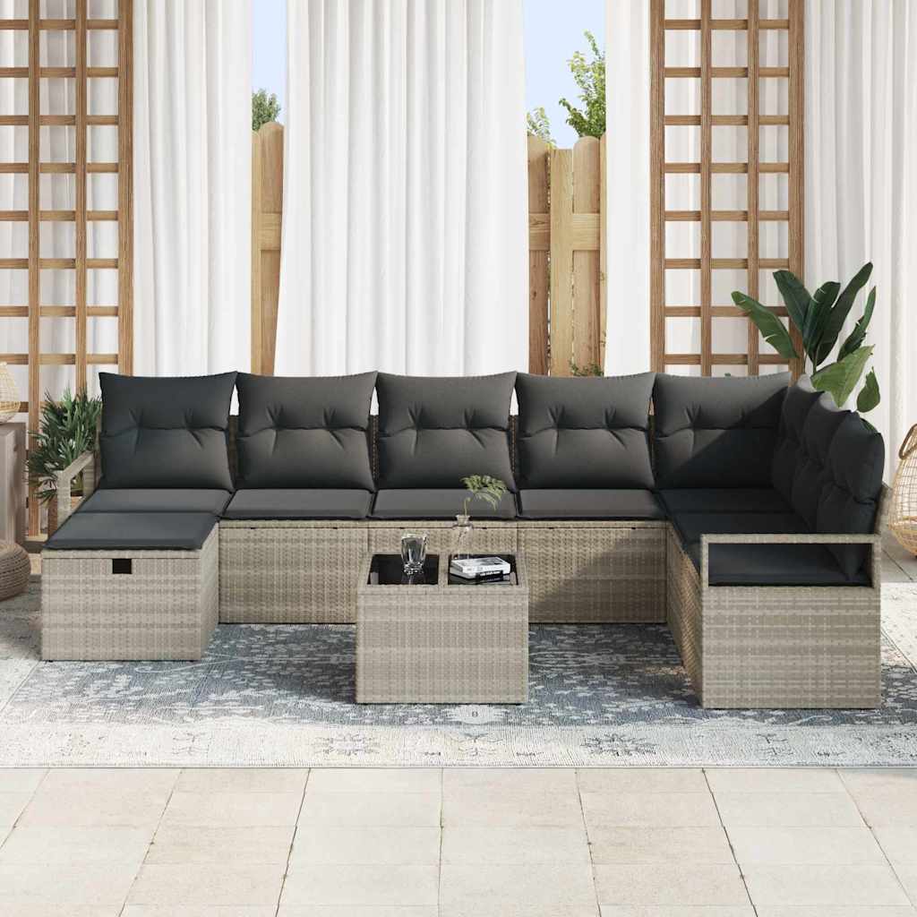 Set da Giardino di 9 Pezzi con Cuscini Grigi in Polyrattan 3360573