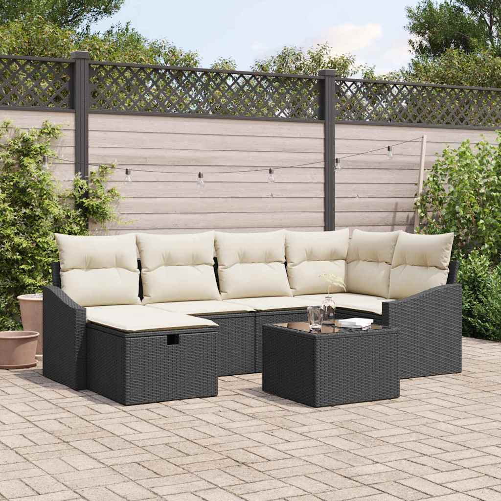 Set Divano da Giardino  7 Pezzi con Cuscini Nero Polyrattan 3360618