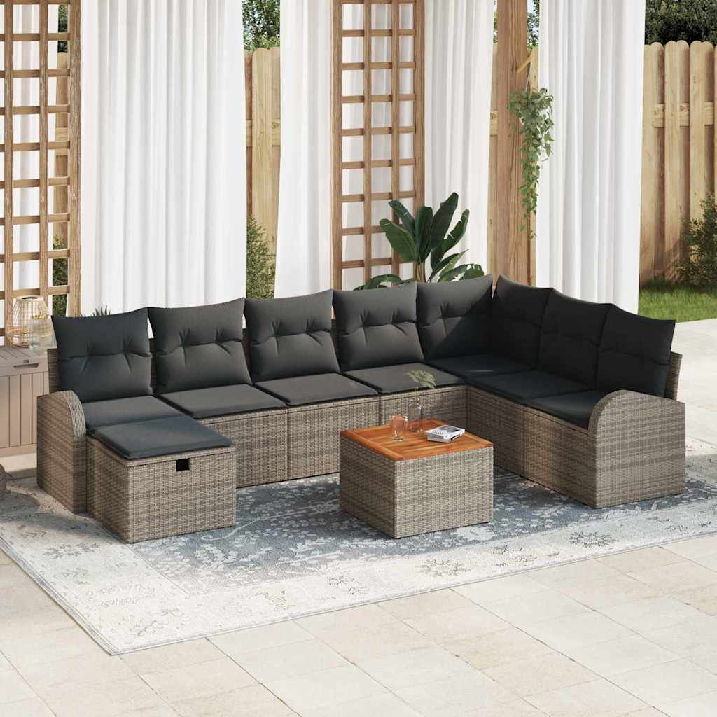 Set di divani da giardino a 9 pezzi con cuscini Grigio Polyrattan 3360856