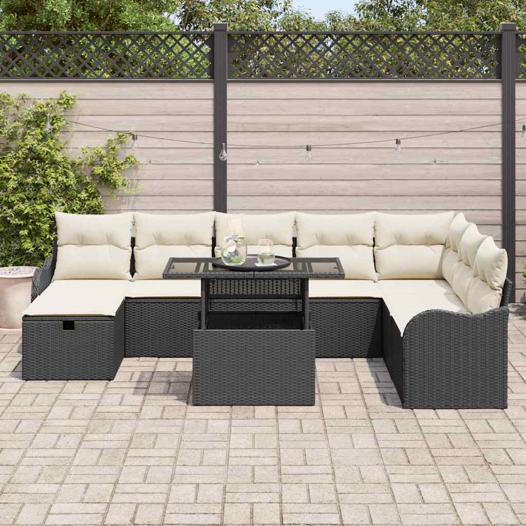 Set di divani da giardino 9 pezzi  con cuscini neri in rattan sintetico 3361066
