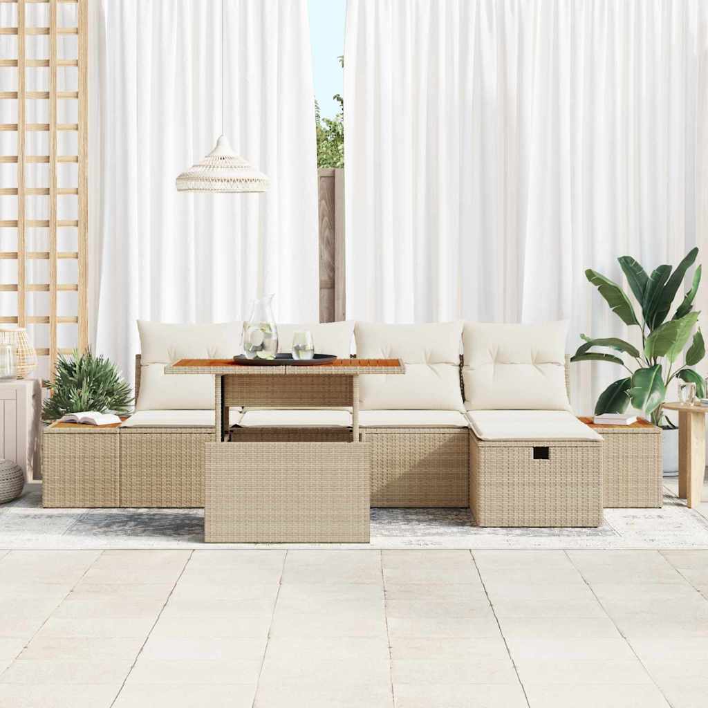 Set Divano da Giardino 6 Pezzi con Cuscini Beige in Rattan Sintetico e Acacia 3361408