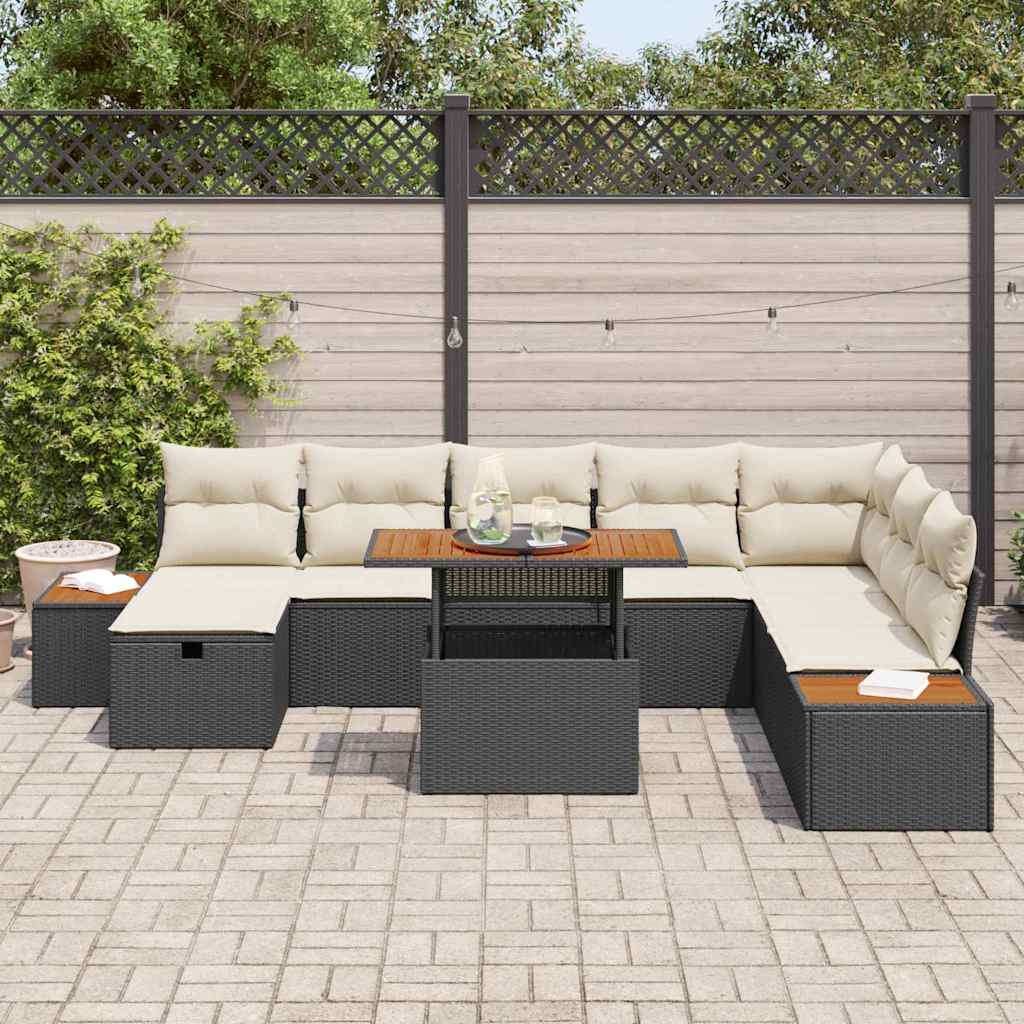 Set di Sofà da Giardino 9 Pezzi  con Cuscini in Rattan Nero e Acacia 3361419