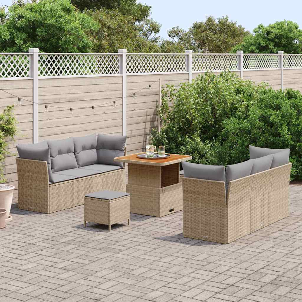 Set Divano da Giardino 9 Pezzi in Polyrattan e Legno di Acacia con Cuscini Beige 3361437