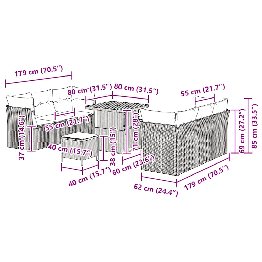 Set Divano da Giardino 9 Pezzi in Polyrattan e Legno di Acacia con Cuscini Beige 3361437