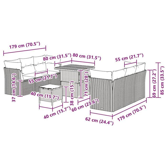 Set Divano da Giardino 9 Pezzi in Polyrattan e Legno di Acacia con Cuscini Beige 3361437