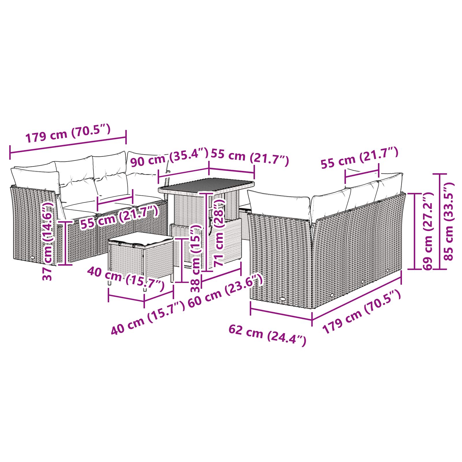 Set Divano da Giardino con cuscino 9 pcs Nero polyrattan 3361439