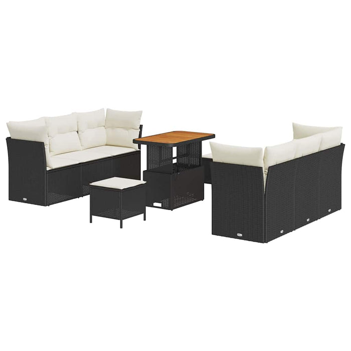 Set di divani da giardino 9 pezzi con cuscini in rattan sintetico nero e acacia. 3361440