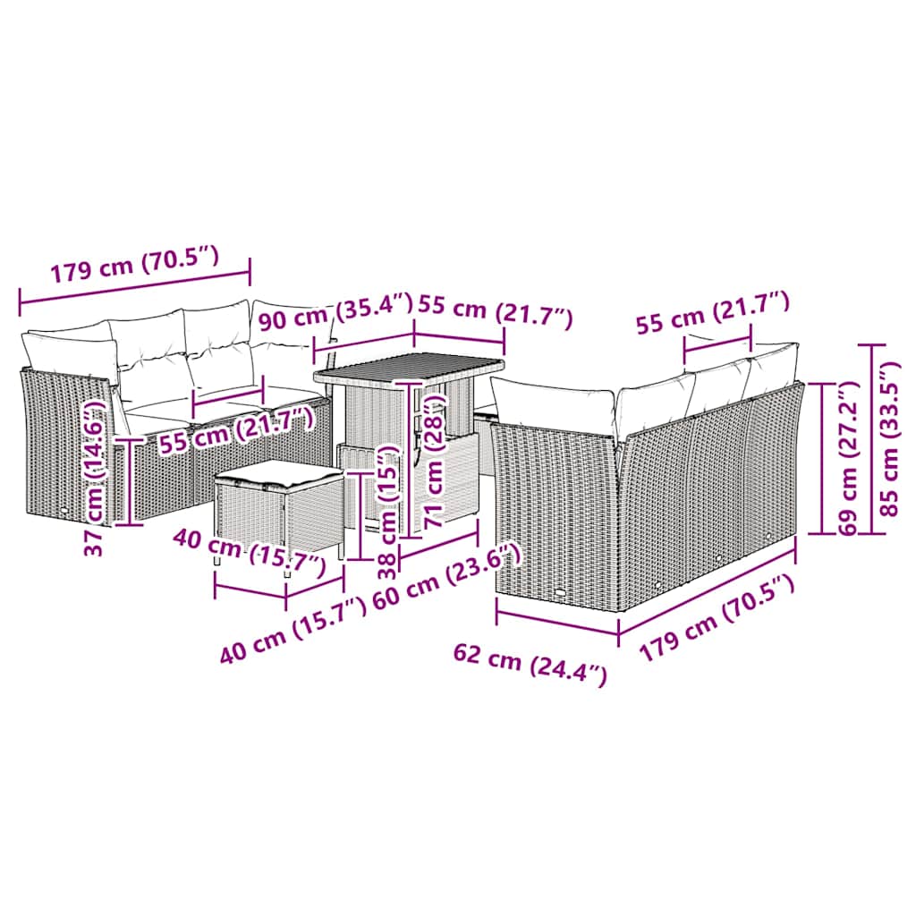 vidaXL Set Divano da Giardino 9 pcs Beige polyrattan