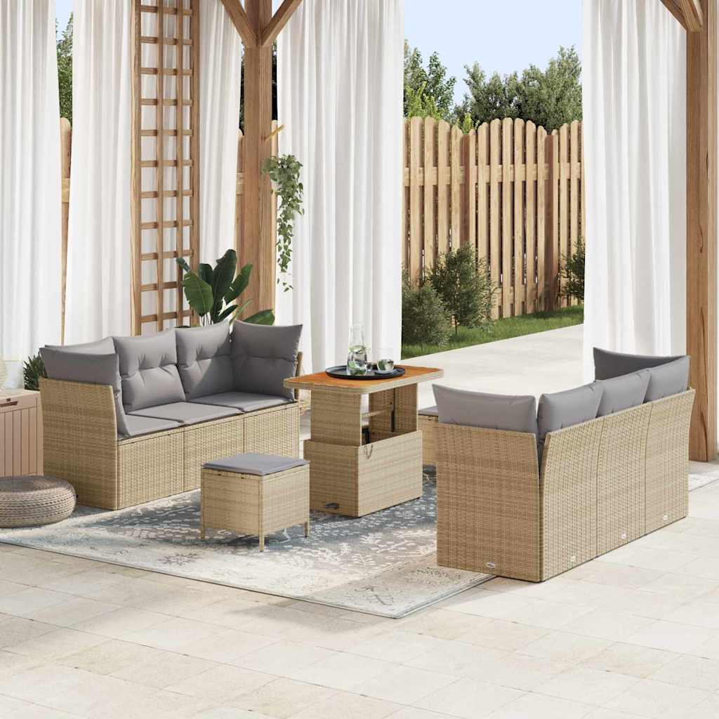 Set di Divani da Giardino di  di 9 Pezzi con Cuscini Beige in Polyrattan e Legno di Acacia 3361442