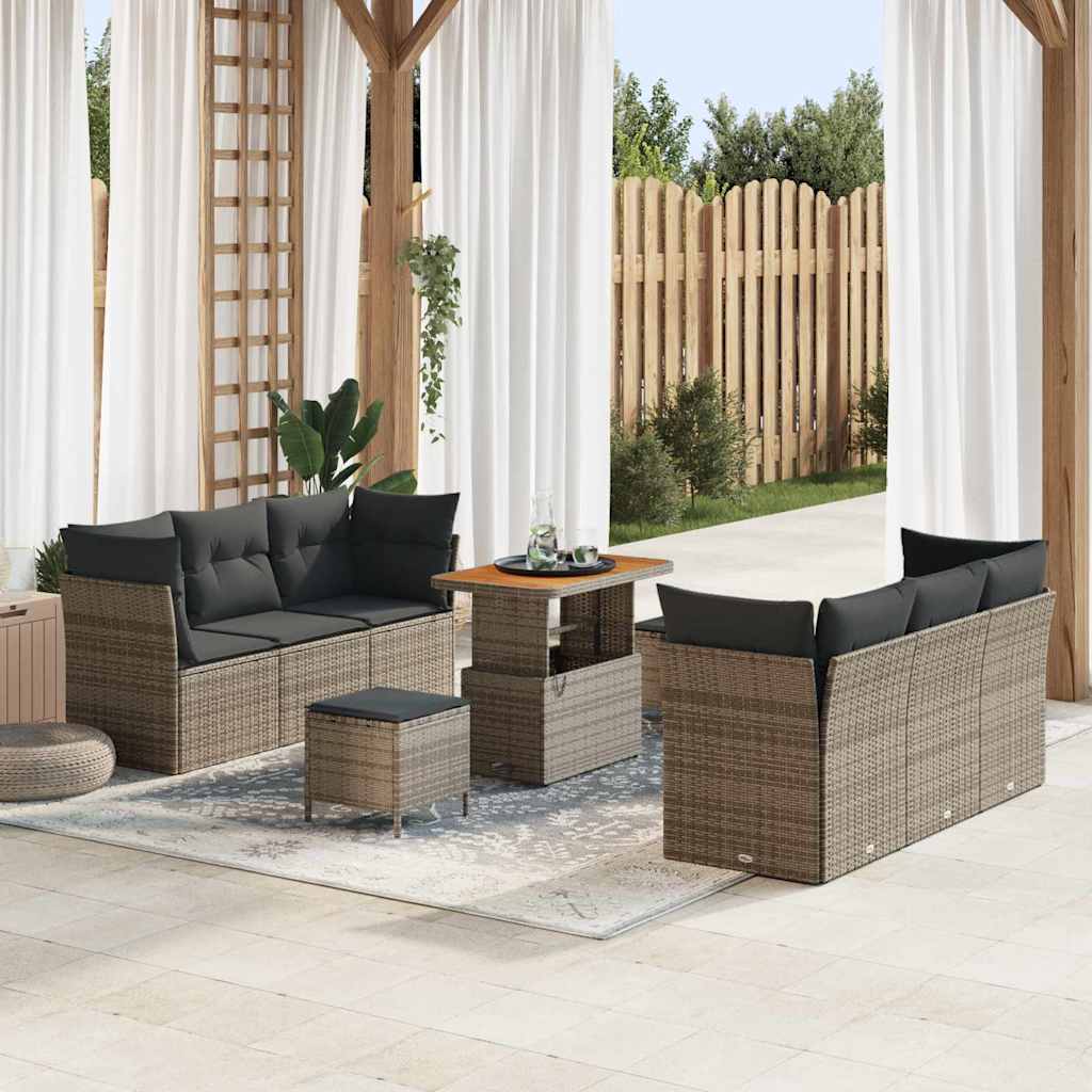 Set di Divani da Giardino da 9 Pezzi con Cuscini Grigi in Rattan Sintetico e Legno di Acacia 3361443