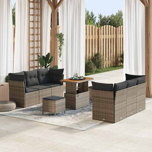 Set di Divani da Giardino da 9 Pezzi con Cuscini Grigi in Rattan Sintetico e Legno di Acacia 3361443