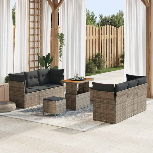 Set di Divani da Giardino da 9 Pezzi con Cuscini Grigi in Rattan Sintetico e Legno di Acacia 3361443