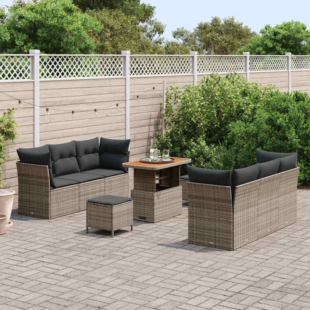 Set di Divani da Giardino da 9 Pezzi con Cuscini Grigi in Rattan Sintetico e Legno di Acacia 3361443