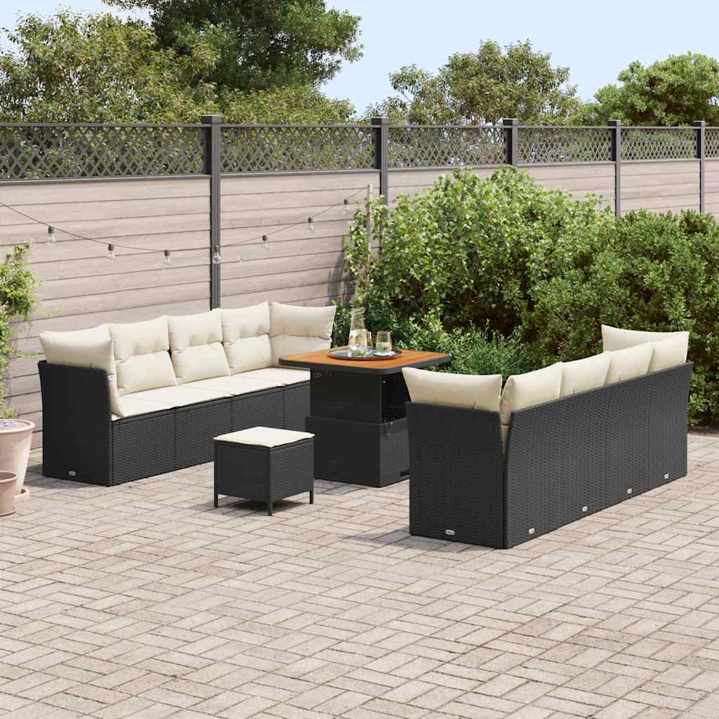 Set di divani da giardino da 11 pezzi con cuscini in poly rattan nero e acacia. 3361455