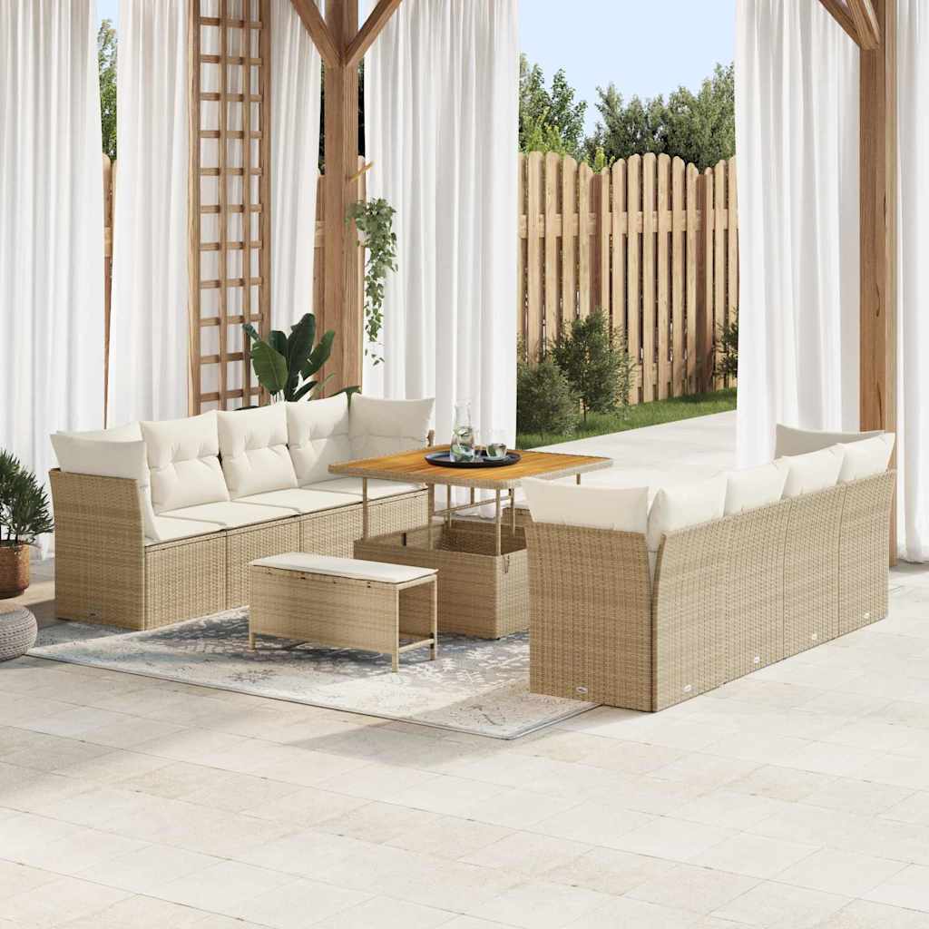 Set di divani da giardino da 11 pezzi con cuscini beige in polyrattan e legno di acacia. 3361466
