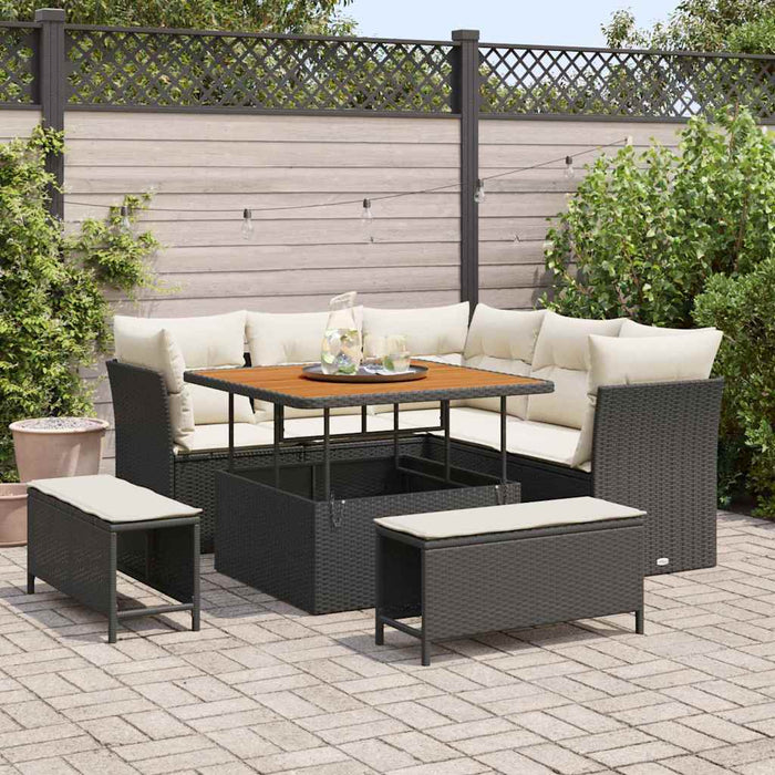 Set Giardino 8 Pezzi  con Cuscini in Rattan Sintetico Nero e Acacia 3361475