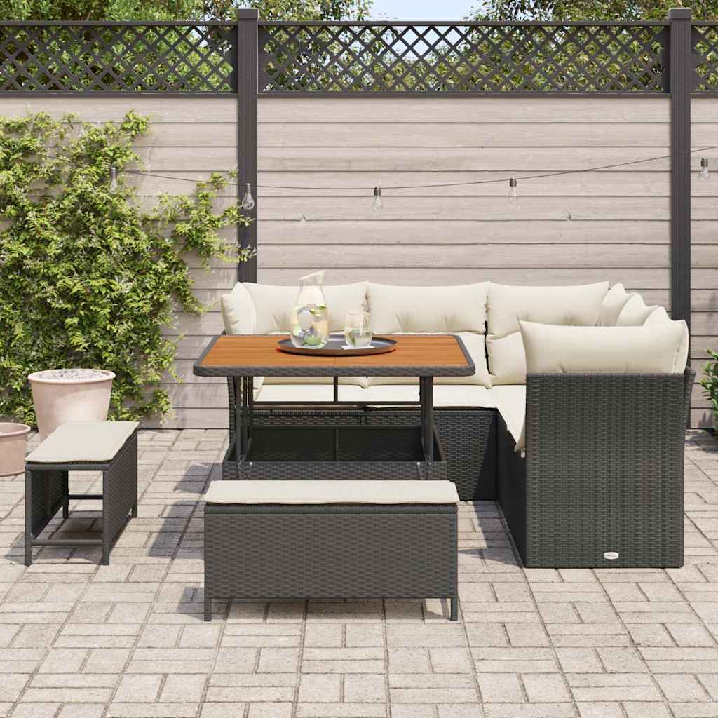 Set Giardino 8 Pezzi  con Cuscini in Rattan Sintetico Nero e Acacia 3361475