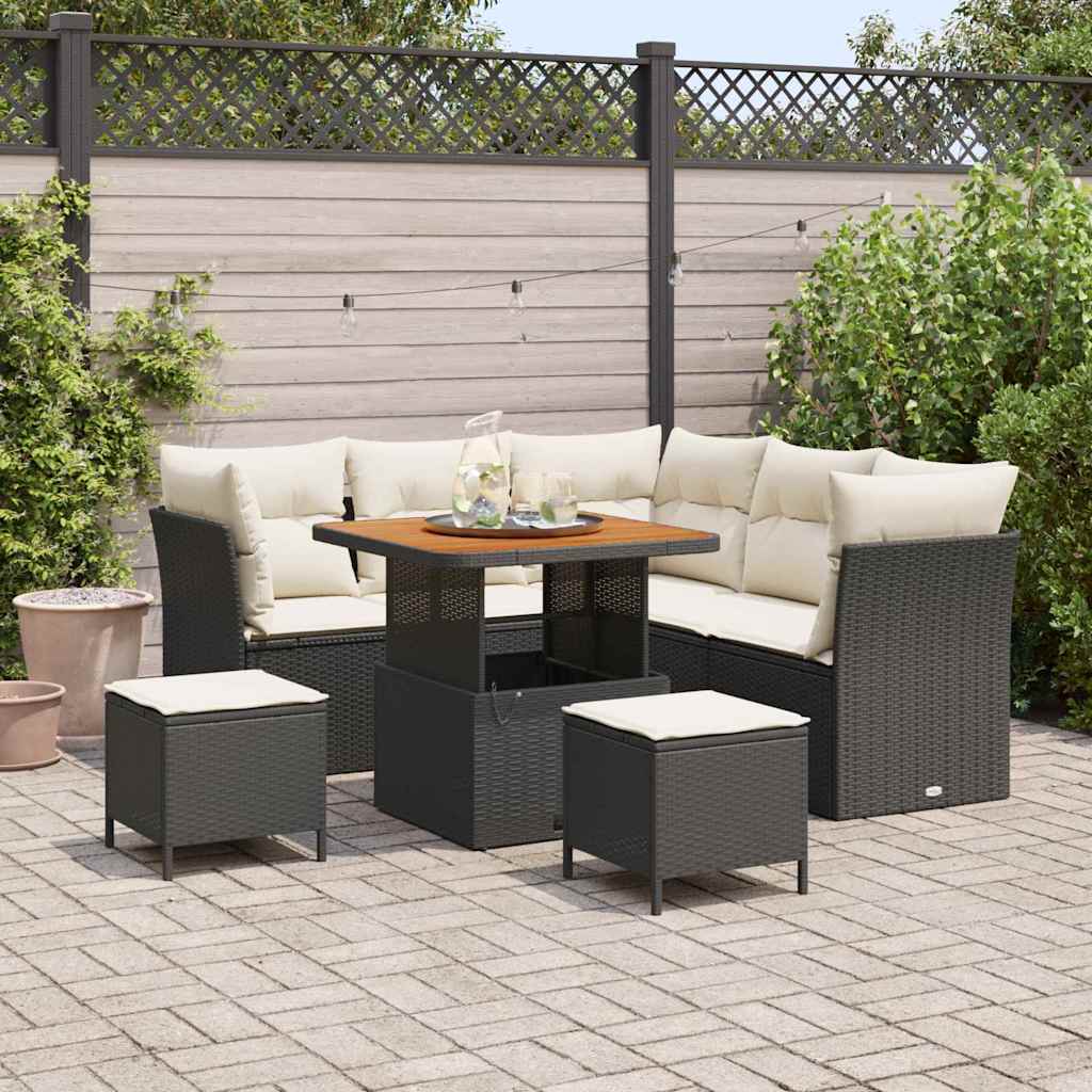 Set Giardino 8 Pezzi con Cuscini in Rattan Nero e Acacia 3361480