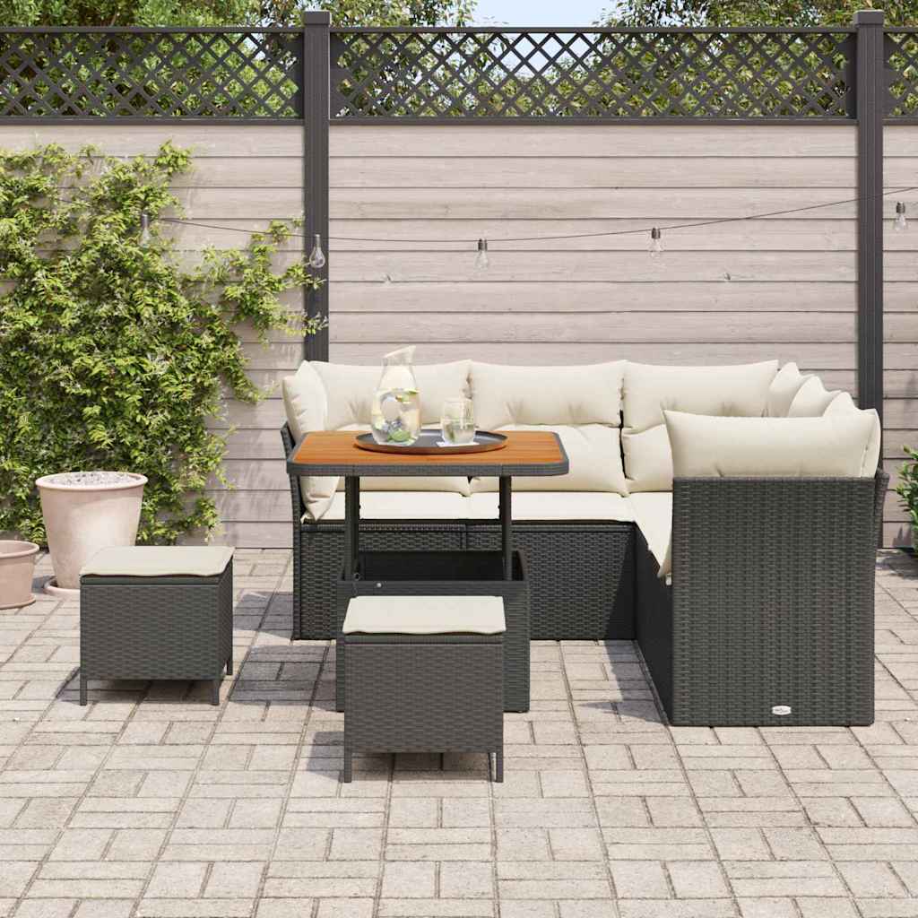 Set Giardino 8 Pezzi con Cuscini in Rattan Nero e Acacia 3361480