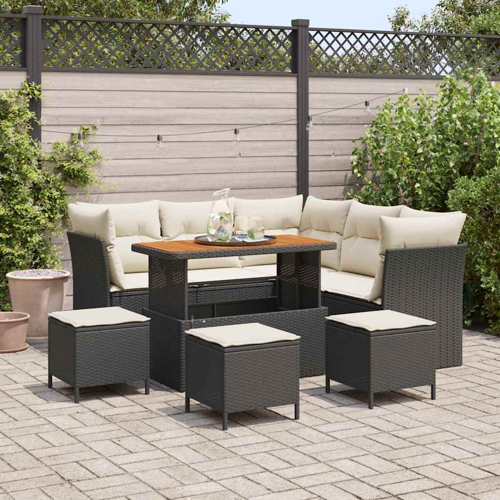 Set di divani da giardino a 9 pezzi con cuscini in polirattan nero e legno di acacia 3361490