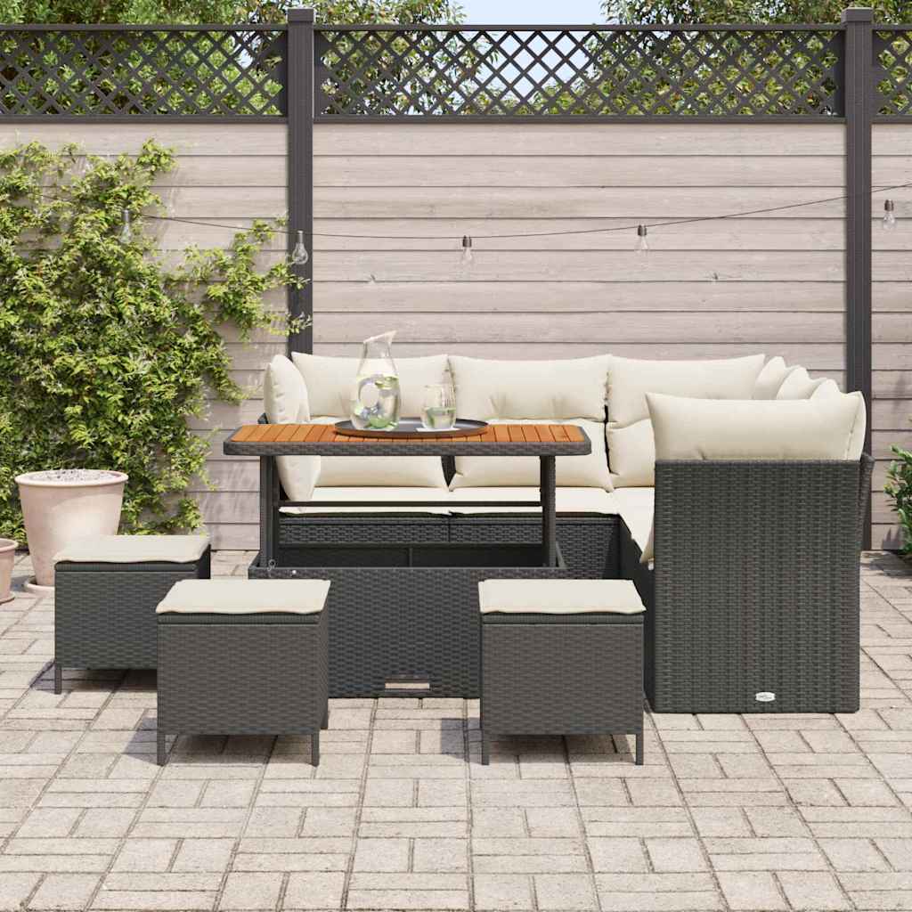 Set di divani da giardino a 9 pezzi con cuscini in polirattan nero e legno di acacia 3361490