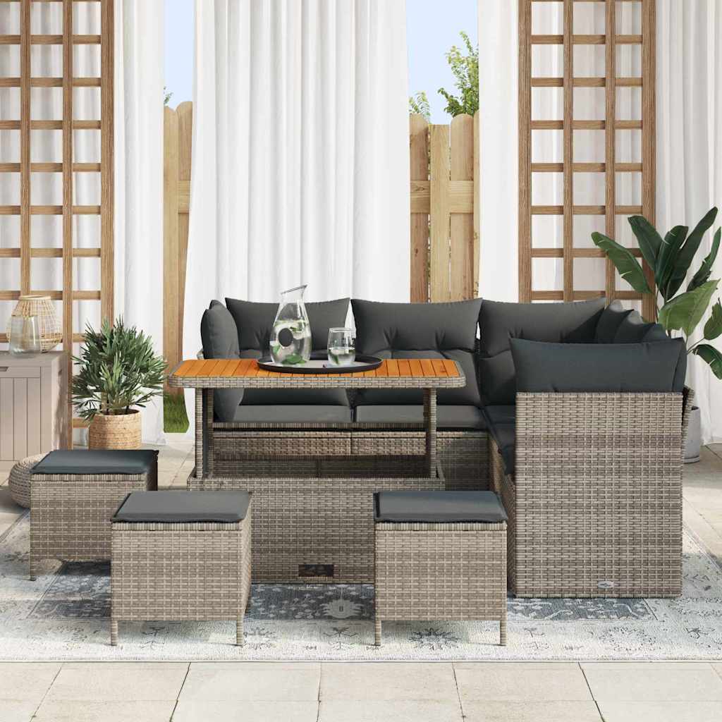 Set da Giardino di 9 Pezzi con Cuscini Grigi in Rattan Sintetico e Acacia 3361493