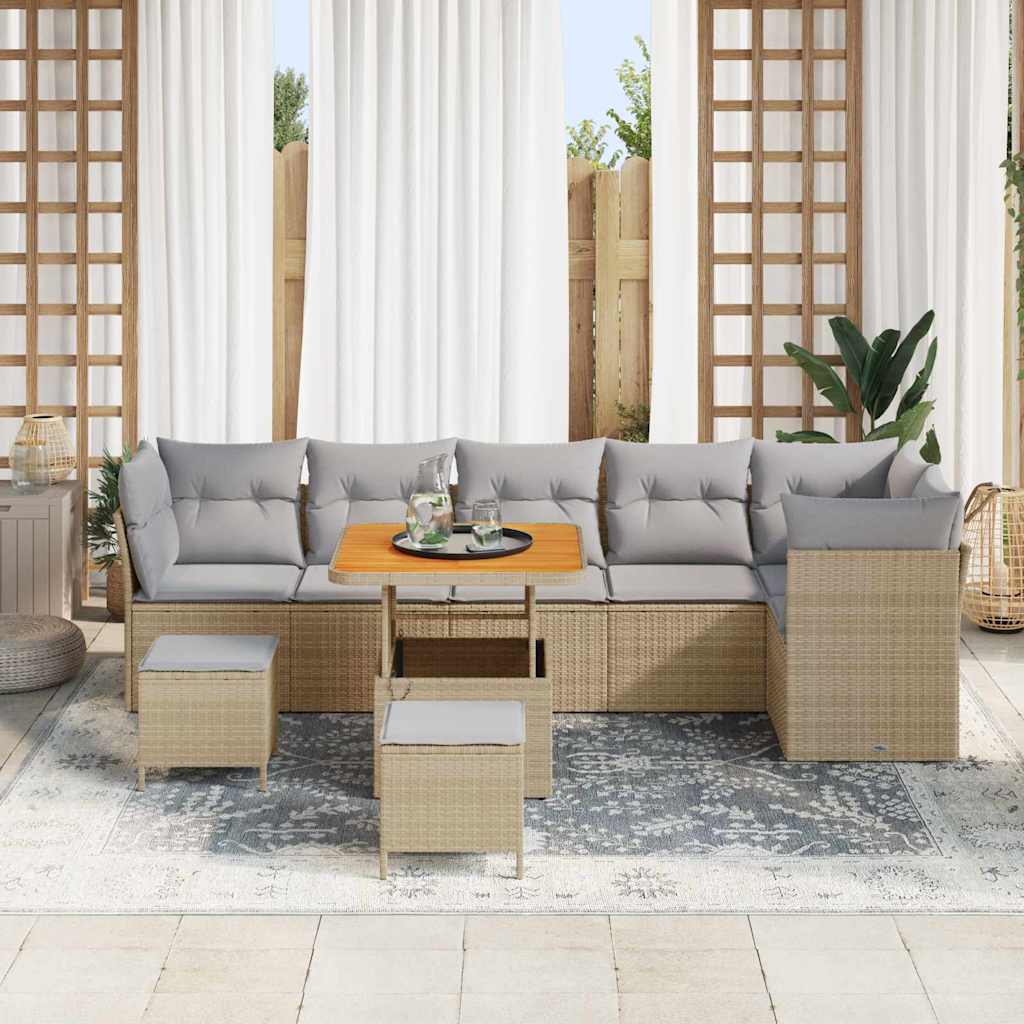 Set di Divani da Giardino  con 9 Pezzi e Cuscini Beige in Polirattan e Acacia 3361502