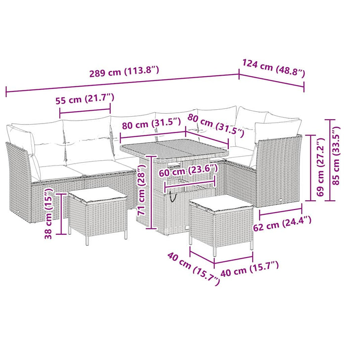 Set di Divani da Giardino  con 9 Pezzi e Cuscini Beige in Polirattan e Acacia 3361502
