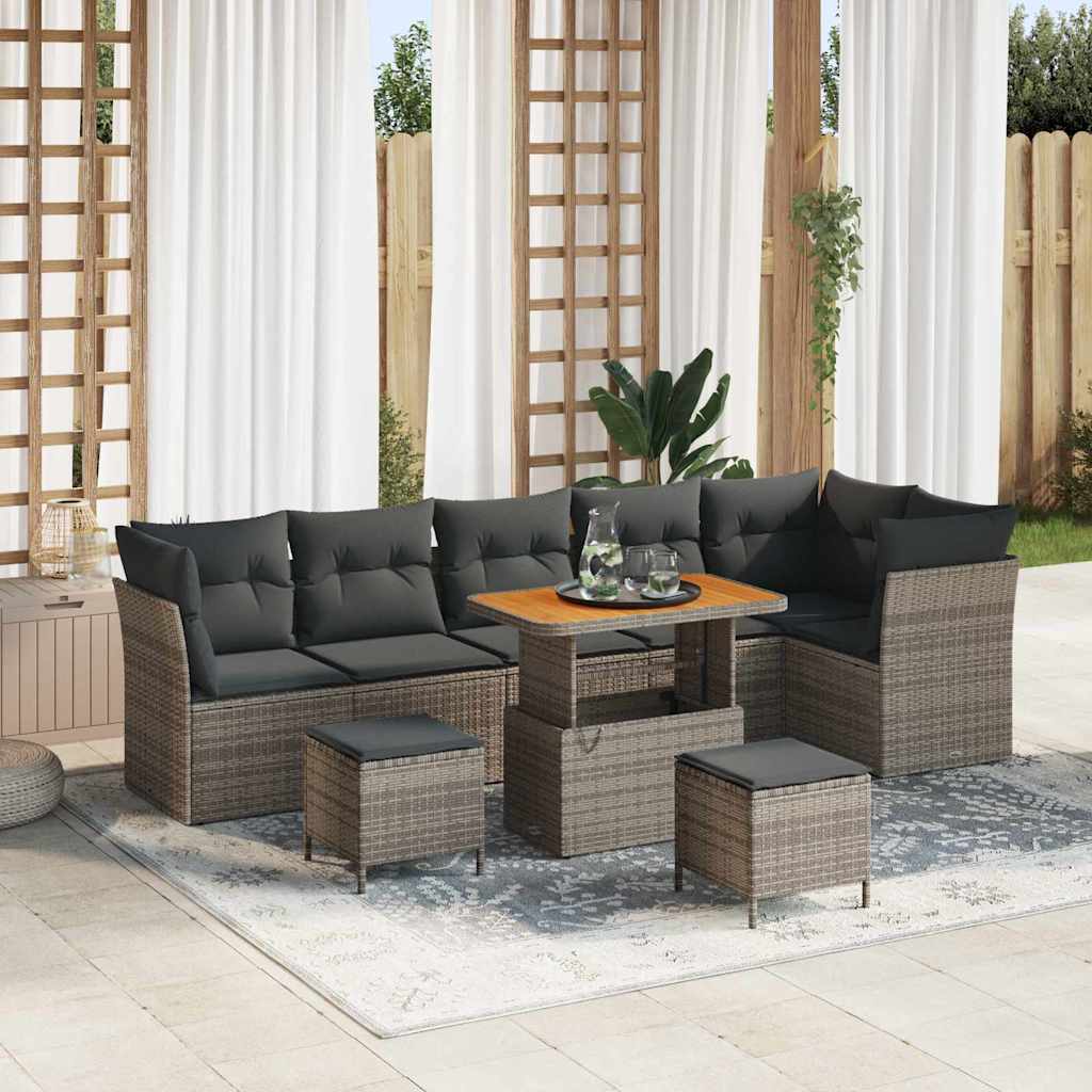 Set di Sofà da Giardino da 9 Pezzi con Cuscini Grigi in Polyrattan e Acacia. 3361508