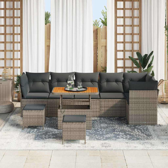 Set di Sofà da Giardino da 9 Pezzi con Cuscini Grigi in Polyrattan e Acacia. 3361508
