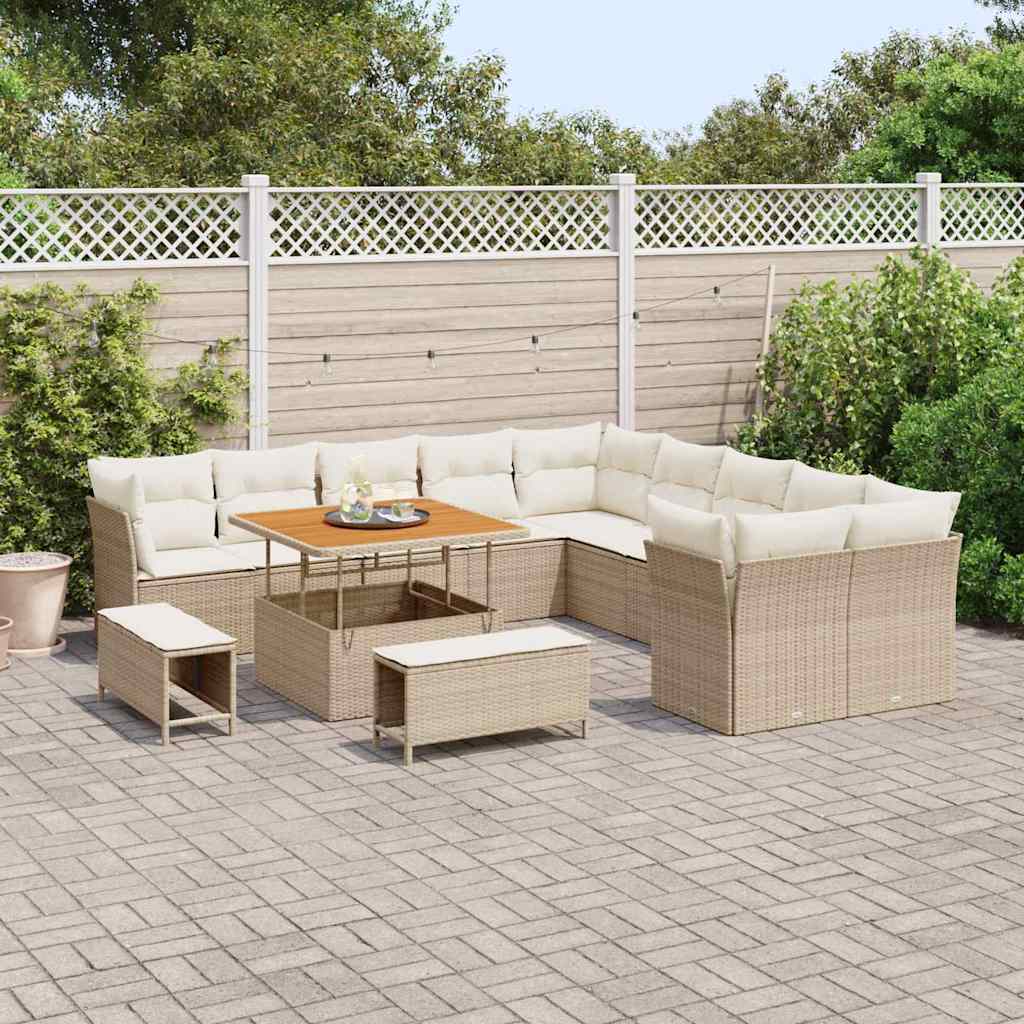 Set di divani da giardino  da 13 pezzi con cuscini beige in rattan plastico e legno di acacia. 3361536