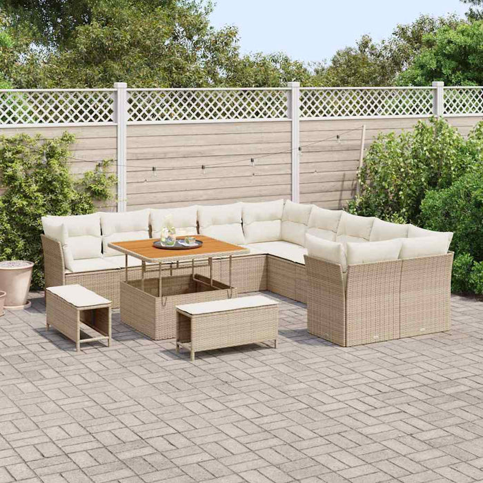 Set di divani da giardino  da 13 pezzi con cuscini beige in rattan plastico e legno di acacia. 3361536