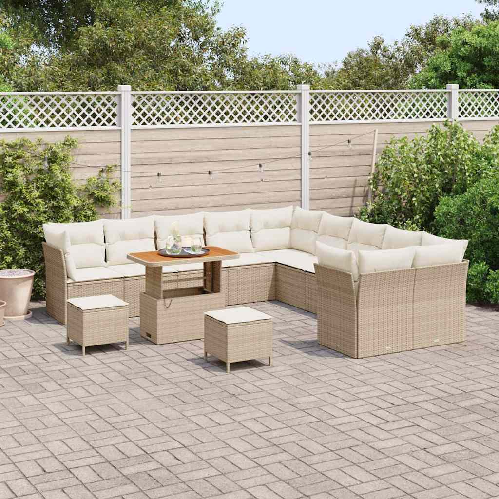 Set Divano da Giardino 13 Pezzi con Cuscini Beige in Poly Rattan e Acacia 3361546