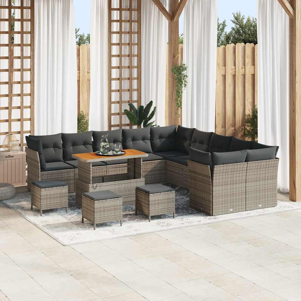 Set di Divani da Giardino , 14 Pezzi, con Cuscini Grigi in Rattan Sintetico e Legno di Acacia. 3361553
