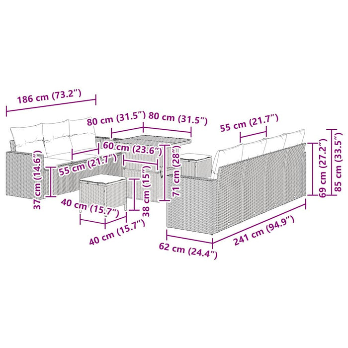 vidaXL Set Divano da Giardino 10 pcs Grigio polyrattan