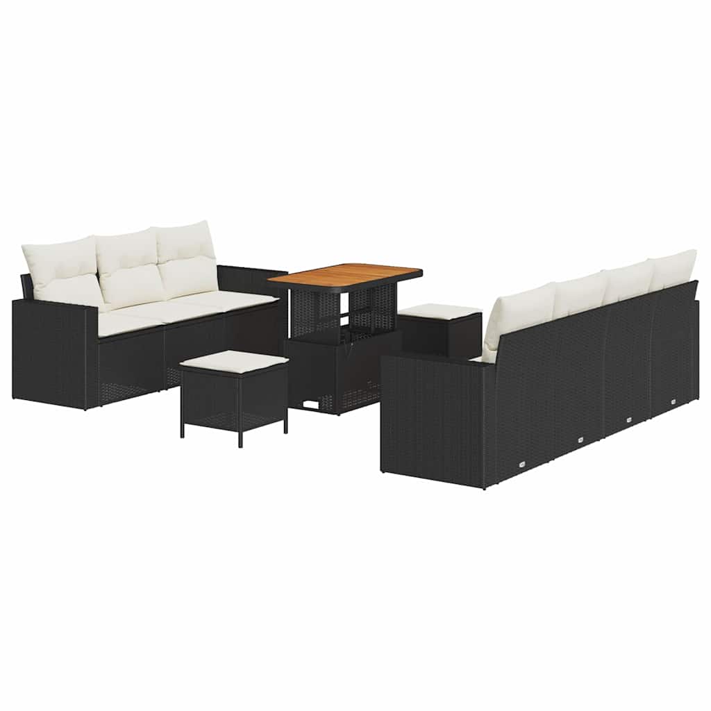 Set da giardino con 10 pezzi, cuscini inclusi, rattan polietilene nero e legno di acacia. 3361580