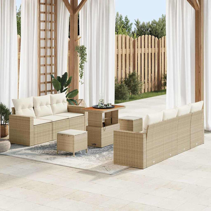 Set di divani da giardino 10 pezzi  con cuscini in polyrattan beige e acacia. 3361581