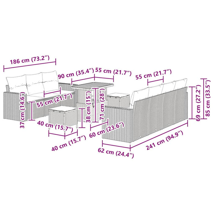 Set da giardino vitaXL di 10 pezzi con cuscini beige in rattan sintetico e legno d'acacia. 3361582
