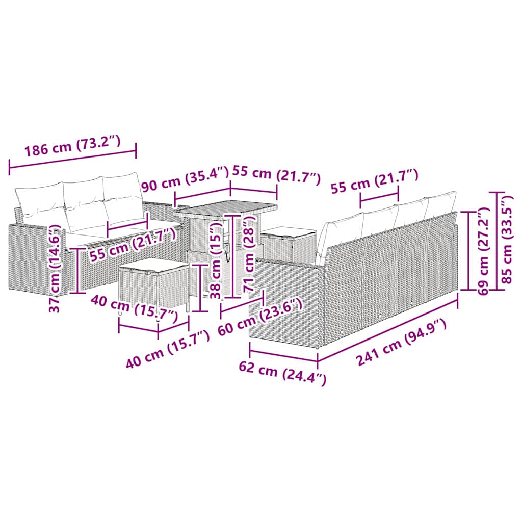 vidaXL Set Divano da Giardino 10 pcs Grigio polyrattan