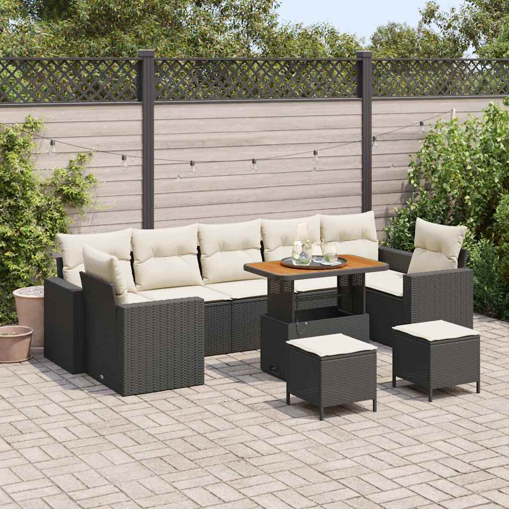 Set da giardino  di 10 pezzi con cuscini in rattan nero e acacia 3361600