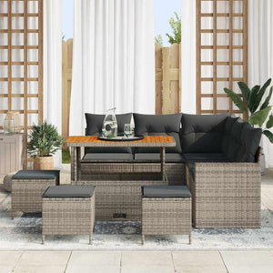 Set di divani da giardino 9 pezzi  con cuscini grigi in rattan sintetico e legno di acacia 3361623