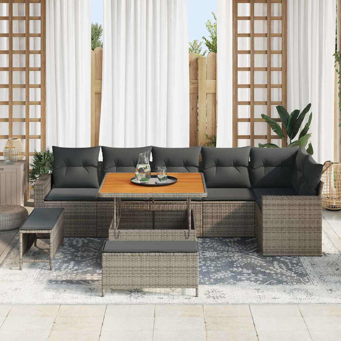 Set divano da giardino 9 pezzi  con cuscini grigi in rattan e acacia 3361628
