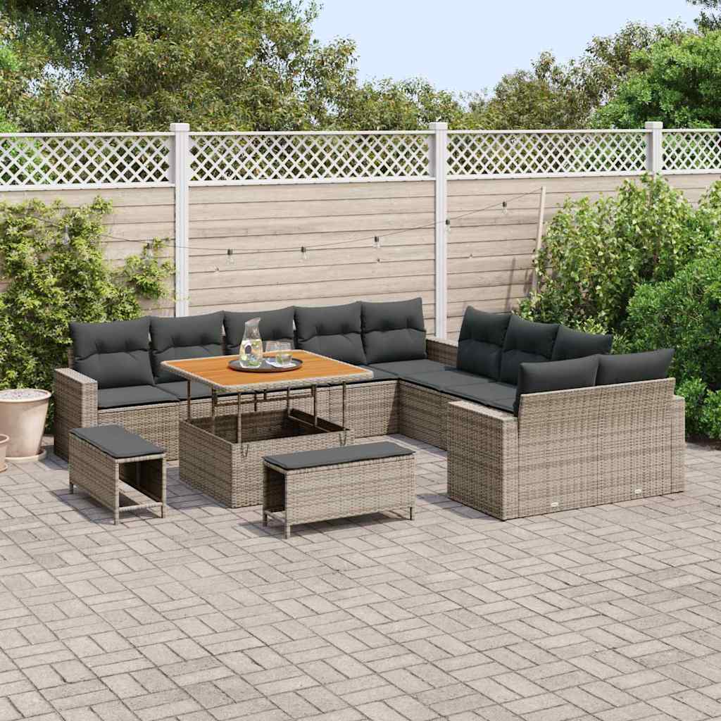 Set da Giardino  di 13 Pezzi con Cuscini Grigi in Rattan Sintetico e Acacia 3361668