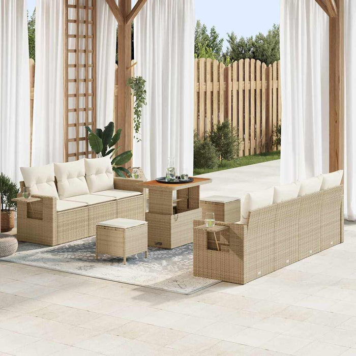 Set di divani da giardino in 10 pezzi con cuscini beige in rattan sintetico e acacia. 3361711