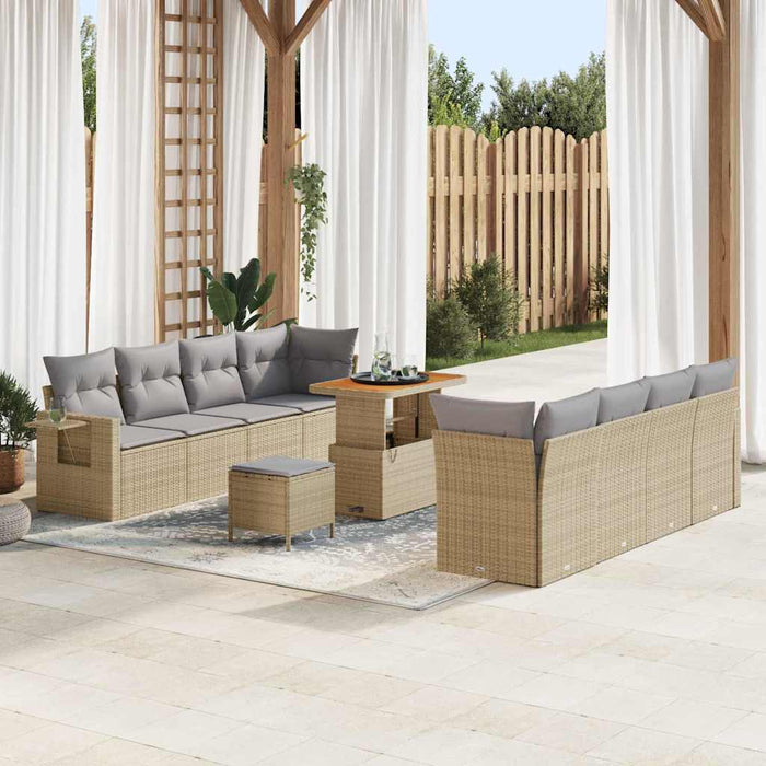 Set da Giardino  11 Pezzi con Cuscini Beige in Poly Rattan e Acacia 3361722